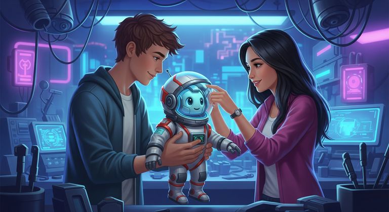 Tommy and Gina dressing a cute robot in a space suit