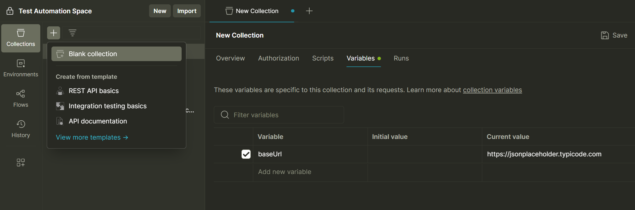 Create new blank collection, open Variables tab, add a new baseUrl variable