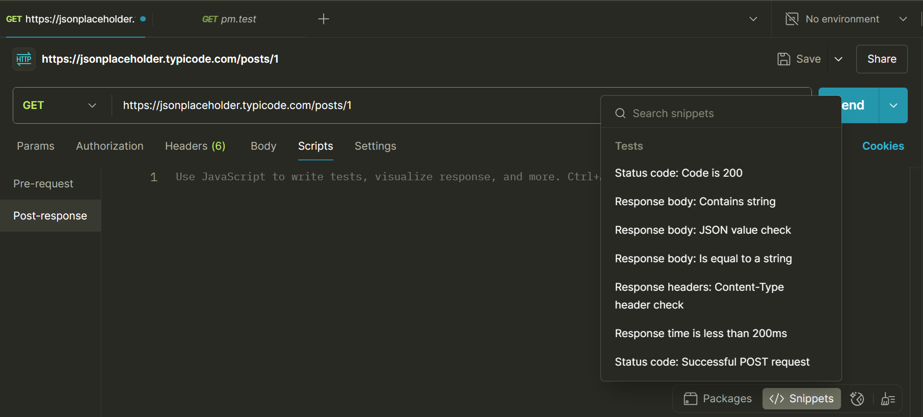 Open Snippets panel in the Request window