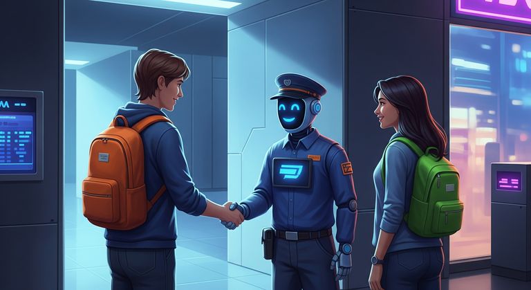 Tommy and Gina shake hands with a postman robot