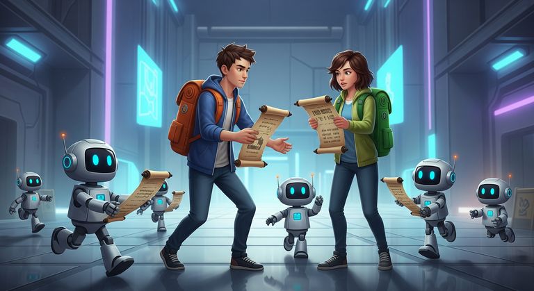 Tommy and Gina holding scrolls with JSON text, robots are running toward them with more scrolls