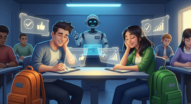 Tommy and Gina passing certification exam with a robot examinator