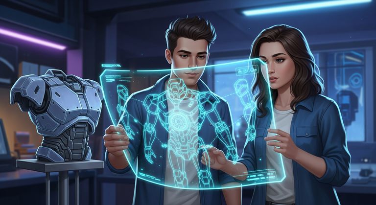 Tommy and Gina looking at an abstract holographic diagram of a robot body