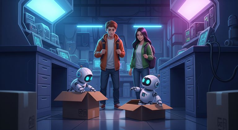 Tommy and Gina looking at two robots getting in and out of cartons