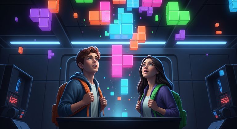 Tommy and Gina looking at multi-colored holographic tetris block floating in the air