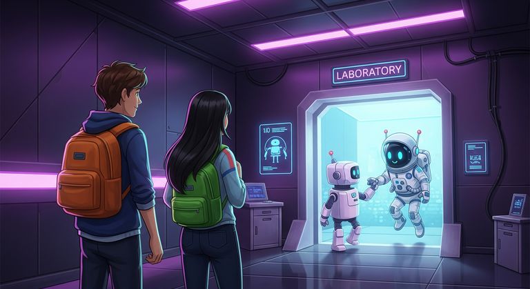 Tommy and Gina are looking at two robots going in and out of the lab. A robot entering the lab does not have a space suit. A robot exiting the lab does have one