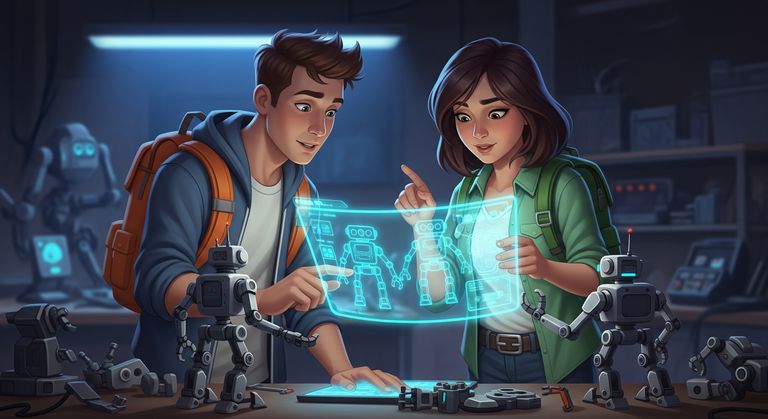 Tommy and Gina looking at a holographic scheme with a robot template while real robots matching the template are standing on a desk near them