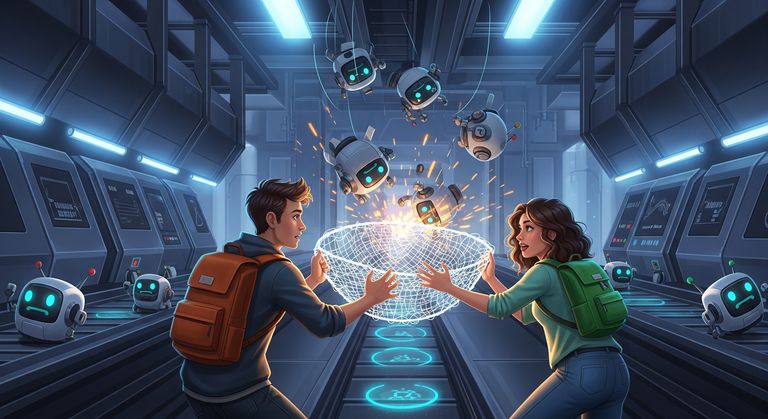 Tommy and Gina catching falling robots with a net