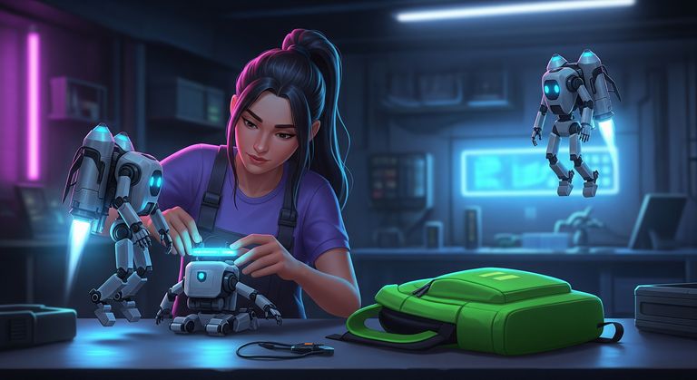 Gina attaching a jetpack module to a robot while other robots with jetpacks are flying around