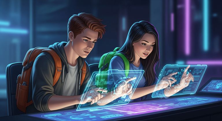 Tommy and Gina coding at holographic terminals