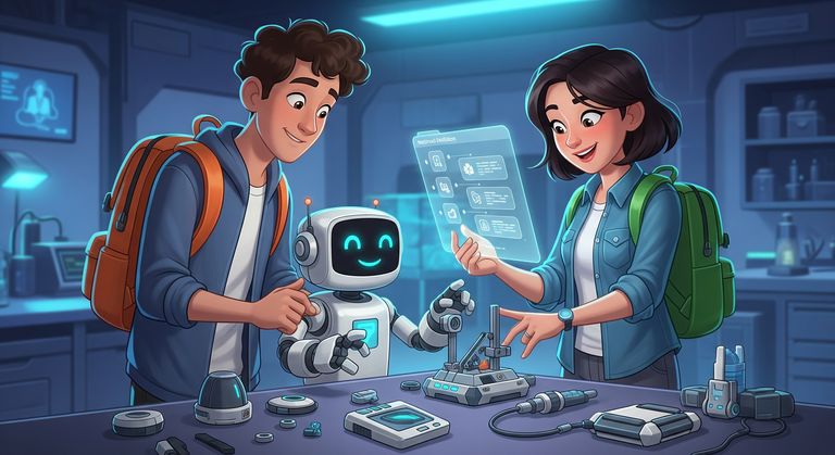Tommy and Gina building a robot model from different robot parts lying on a table in the lab