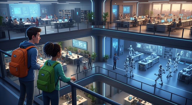 Tommy and Gina are standing on an upper-level balcony inside a research facility, looking at people and robots working in open-area workspaces across three floors of the facility