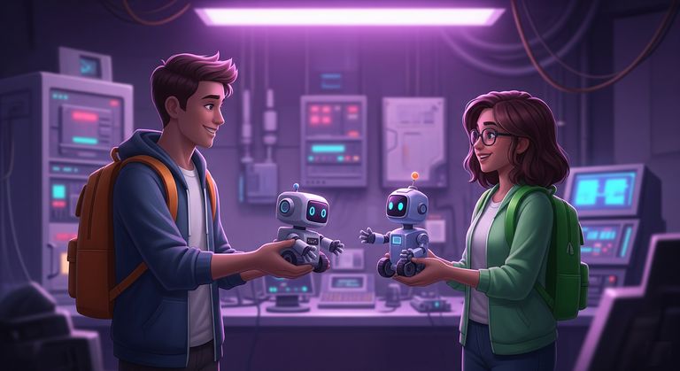 Tommy and Gina exchanging the cute little robots