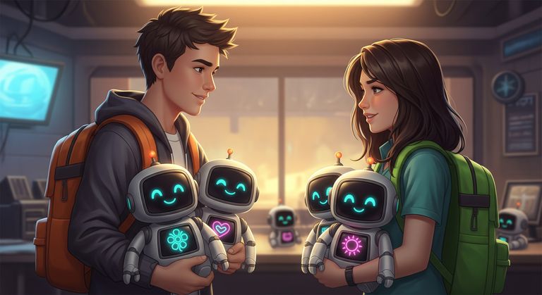 Tommy and Gina are looking at each other with similar cute little robots in their hands. Each robot has a display on its body showing a different picture, like a flower, a heart, or a sun