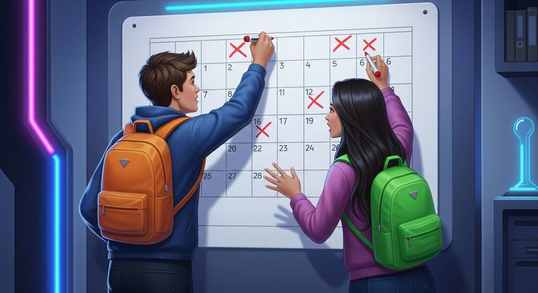 Tommy and Gina are striking out the dates on a wall calendar