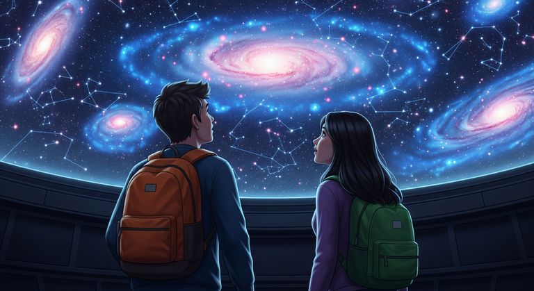 Tommy and Gina are looking at the Universe map rendered on a ceiling
