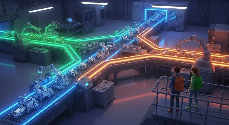 Tommy and Gina are looking at the conveyor belt with several pathways