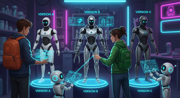 Tommy and Gina are looking at three different versions of a robot model: A, B, and C
