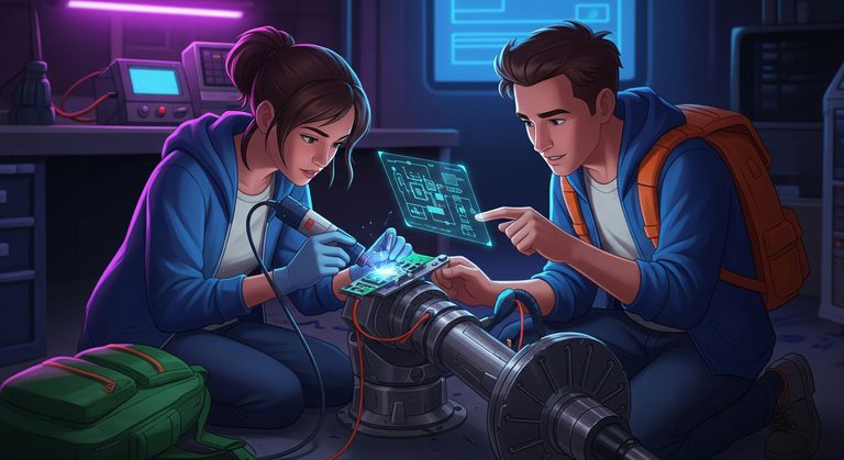 Gina is soldering a microscheme while Tommy is assisting her reading the instructions from a holographic user manual