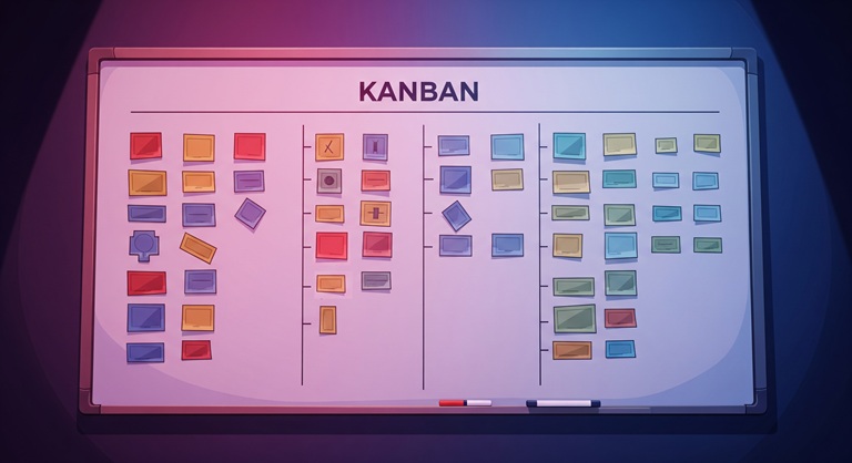 A Kanban board with colored paper stickers