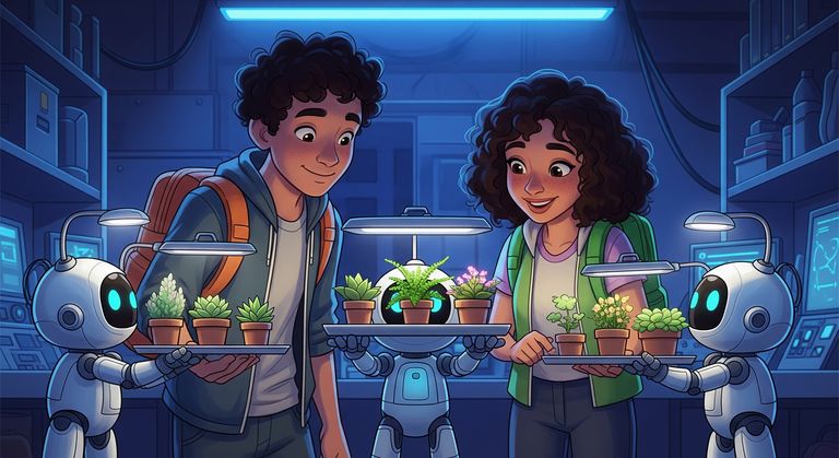 Tommy and Gina are looking at three robots carrying pots with different plants on their stands