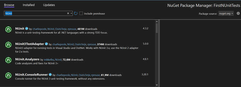 Search for NUnit nuget package