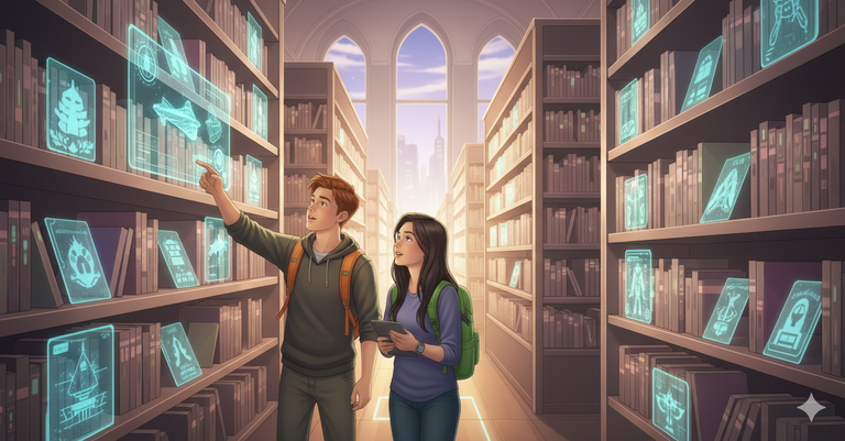 Tommy and Gina walking along the bookshelves in a library