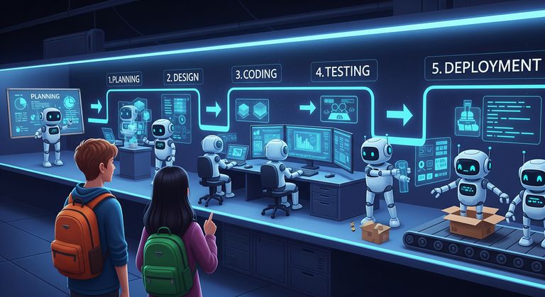 Tommy and Gina looking at robots working the SDLC