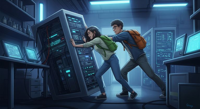 Tommy and Gina shoving a large container to the left corner of a lab