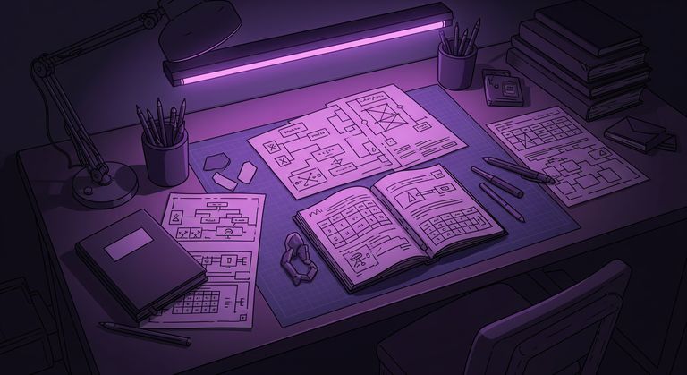 A table with scattered diagram sheets