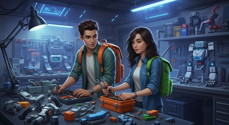 Tommy and Gina are working at a workshop, with tools lying around