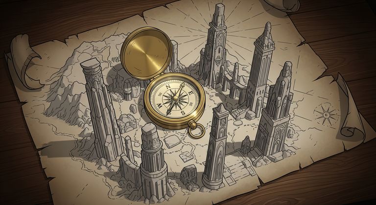 A compass lying on top of a map with pillars on a table