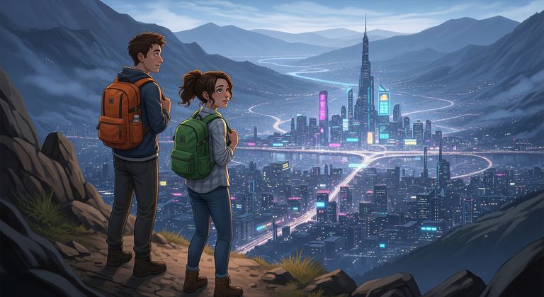 Tommy and Gina standing on a rocky ledge looking at a futuristic city in the valley