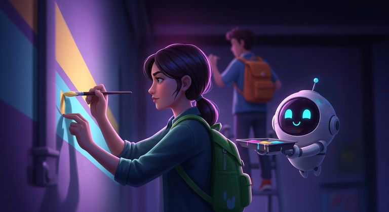 Tommy and Gina are painting the walls while cute little robot assisting them