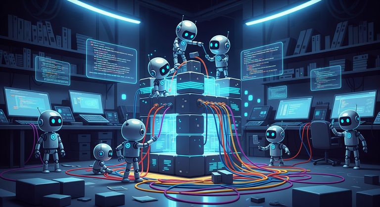 Robots connecting the nodes with wires, and programming the main engine